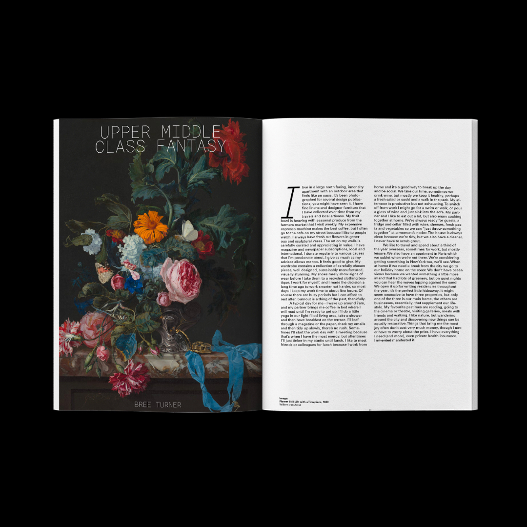 Double page spread in Partial Mag on the left is a painting of a vase filled with roses and on the right is the article